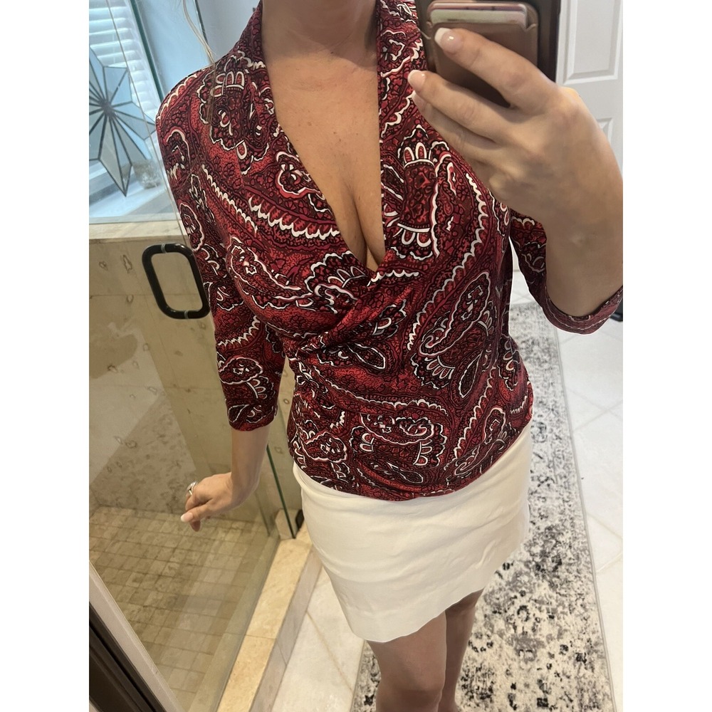 Talbots Women XS Red Paisley Mock Wrap Long Sleeve V-Neck Blouse Top VN4900